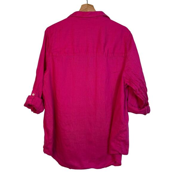 Sigrid Olsen Button Down Linen Shirt Sz 1X Hot Pink Breathable Relaxed Roll tab - Picture 2 of 10